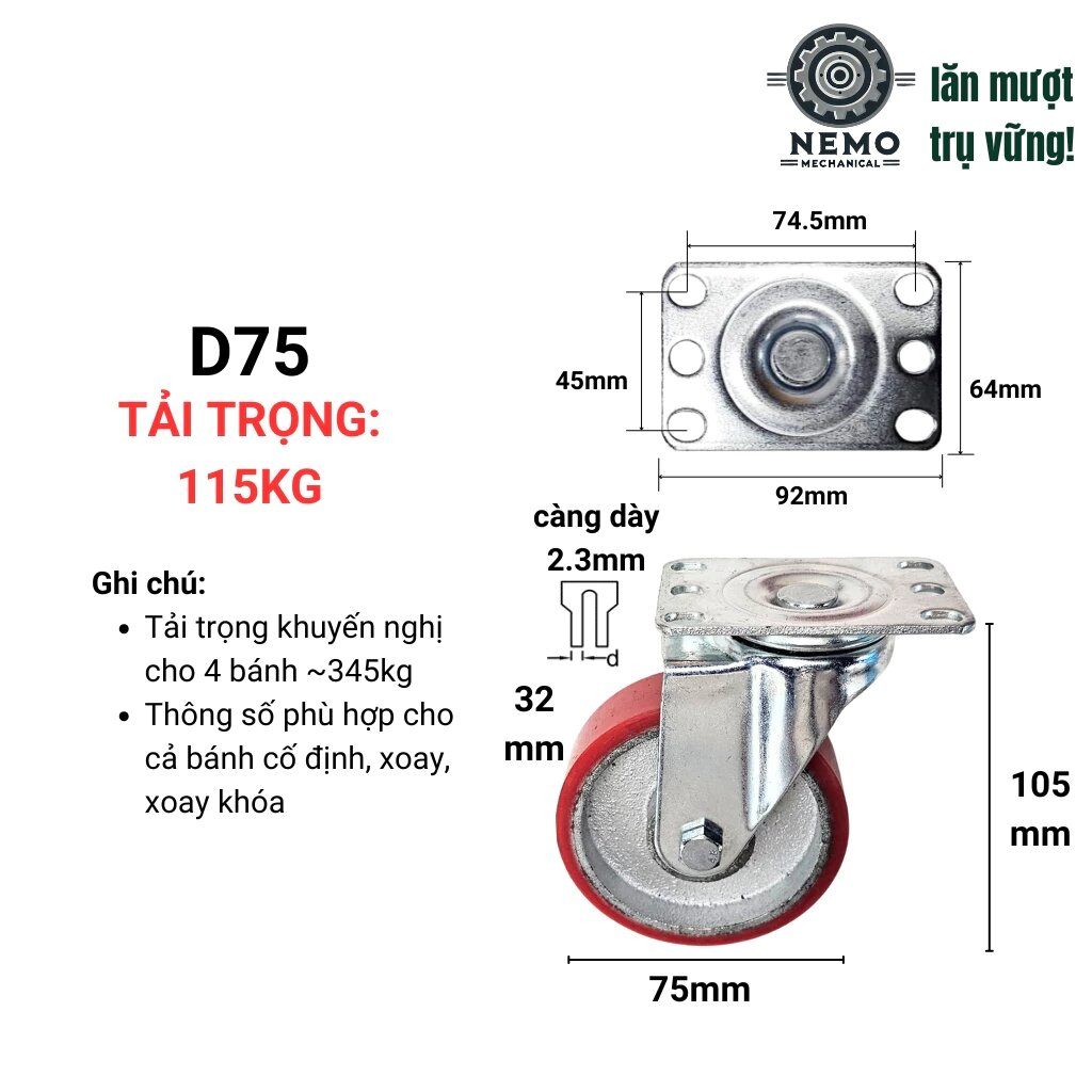 Bánh xe đẩy hàng PU lõi gang, bền bỉ, chịu hóa chất, 7cm, 10cm, 12cm, 115-150kg